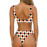 White Black And Orange Harlequin Print Front Bow Tie Bikini