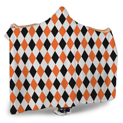 White Black And Orange Harlequin Print Hooded Blanket