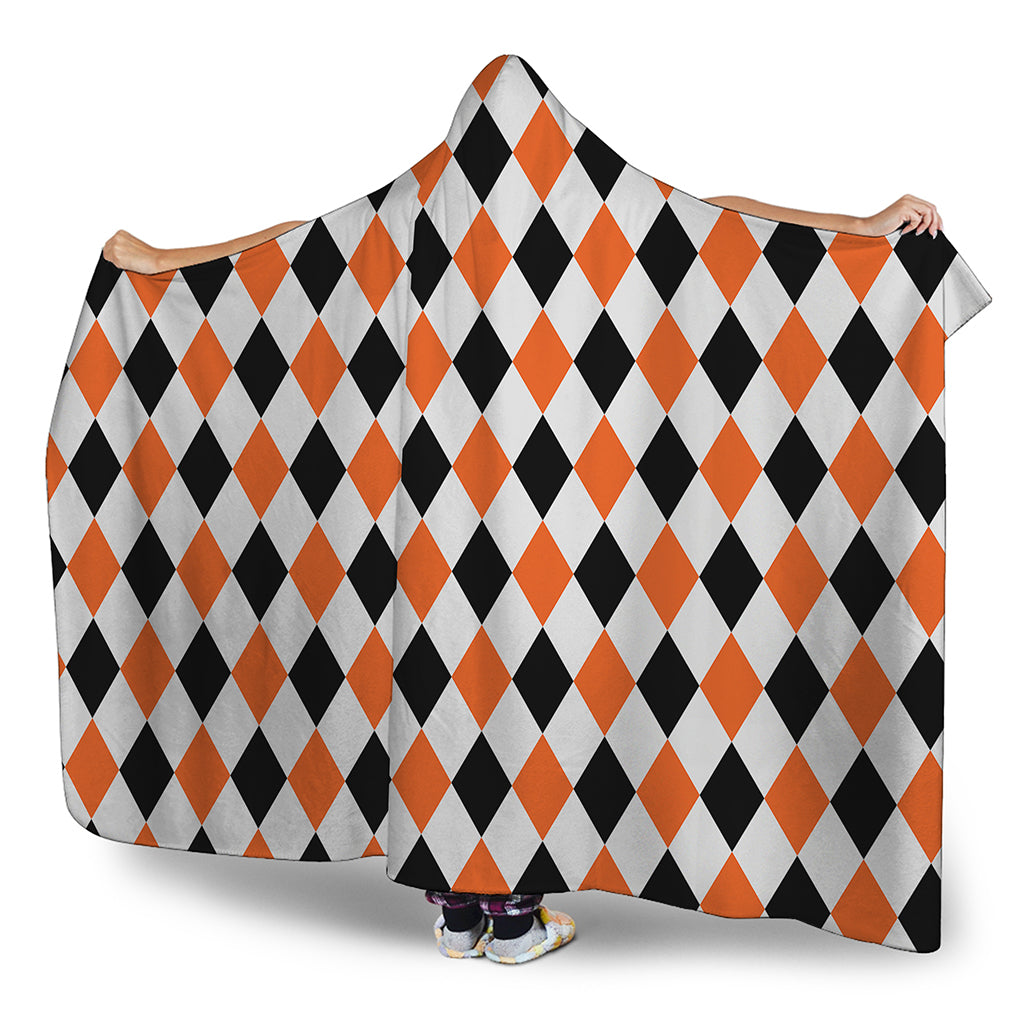 White Black And Orange Harlequin Print Hooded Blanket