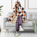 White Black And Orange Harlequin Print Hooded Blanket