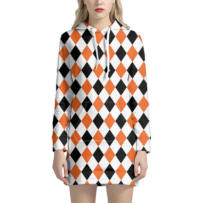 White Black And Orange Harlequin Print Hoodie Dress