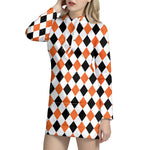 White Black And Orange Harlequin Print Hoodie Dress