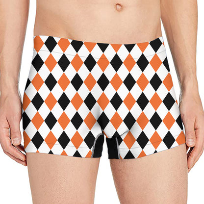 White Black And Orange Harlequin Print Men's Boxer Briefs
