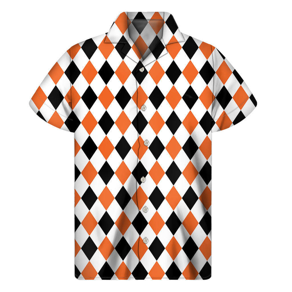 White Black And Orange Harlequin Print Men's Short Sleeve Shirt