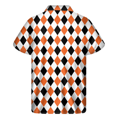White Black And Orange Harlequin Print Men's Short Sleeve Shirt