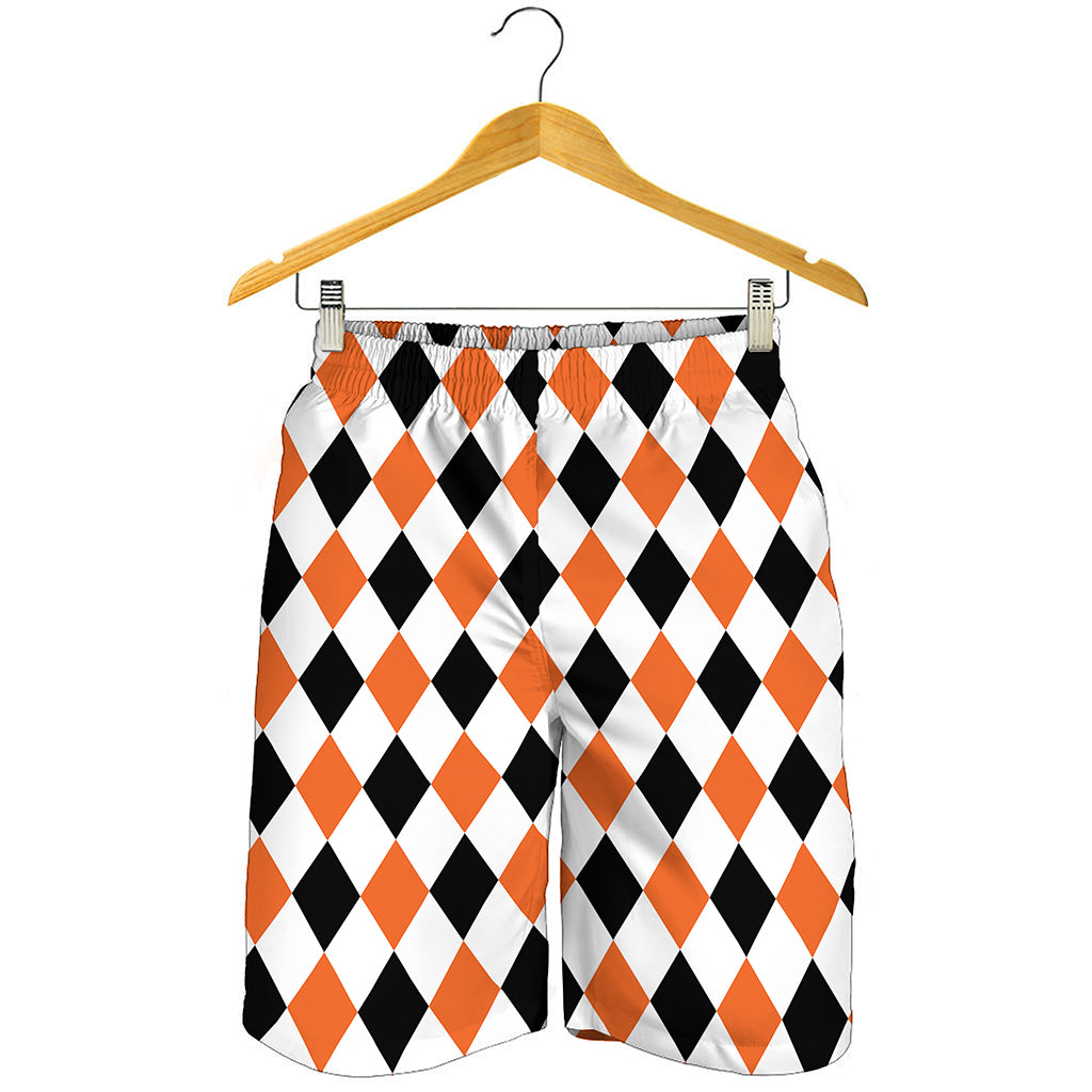 White Black And Orange Harlequin Print Men's Shorts