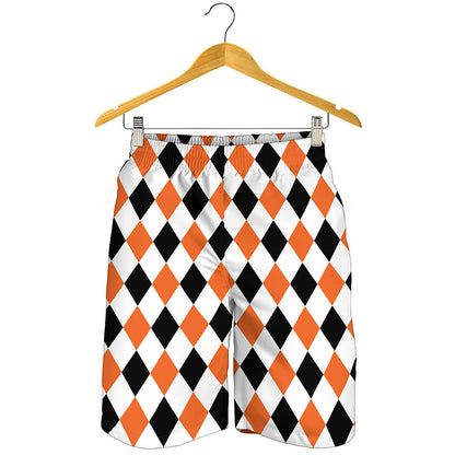 White Black And Orange Harlequin Print Men's Shorts