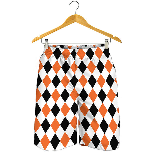 White Black And Orange Harlequin Print Men's Shorts