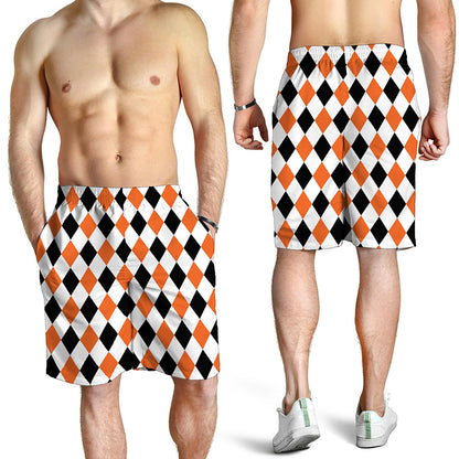 White Black And Orange Harlequin Print Men's Shorts