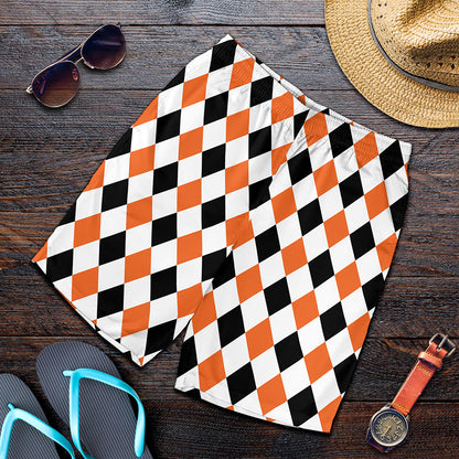 White Black And Orange Harlequin Print Men's Shorts