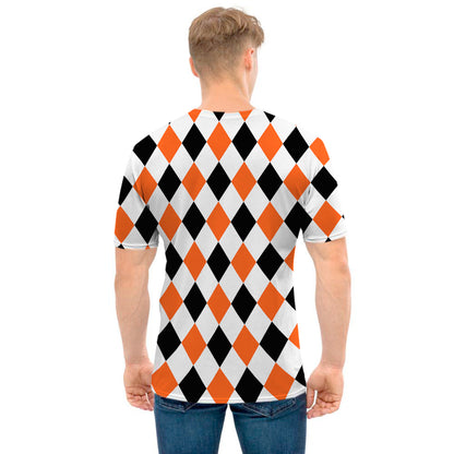 White Black And Orange Harlequin Print Men's T-Shirt