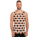 White Black And Orange Harlequin Print Men's Tank Top