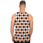 White Black And Orange Harlequin Print Men's Tank Top