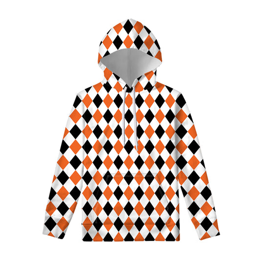 White Black And Orange Harlequin Print Pullover Hoodie