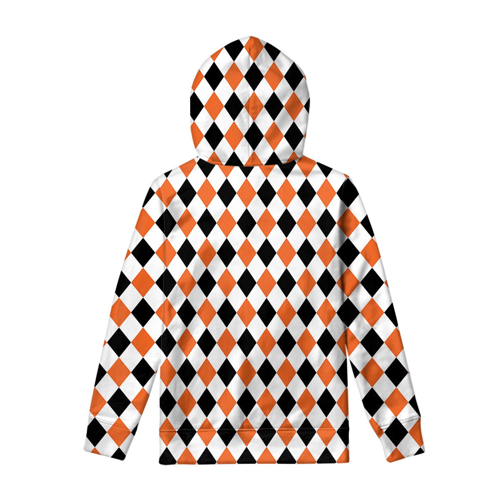 White Black And Orange Harlequin Print Pullover Hoodie