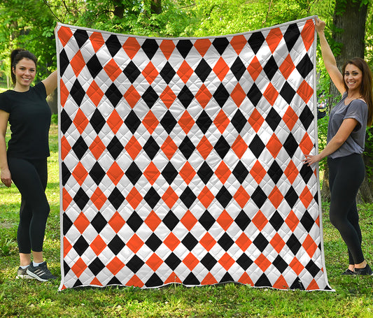 White Black And Orange Harlequin Print Quilt