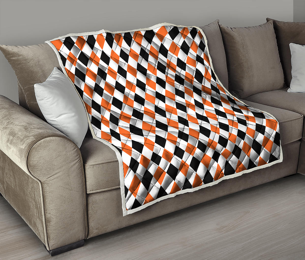 White Black And Orange Harlequin Print Quilt