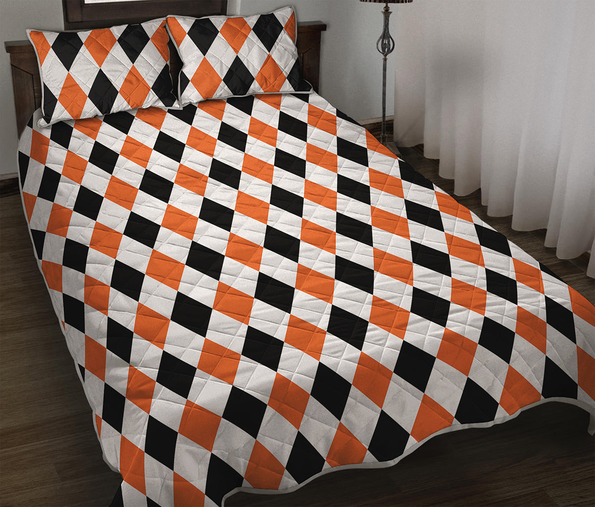 White Black And Orange Harlequin Print Quilt Bed Set