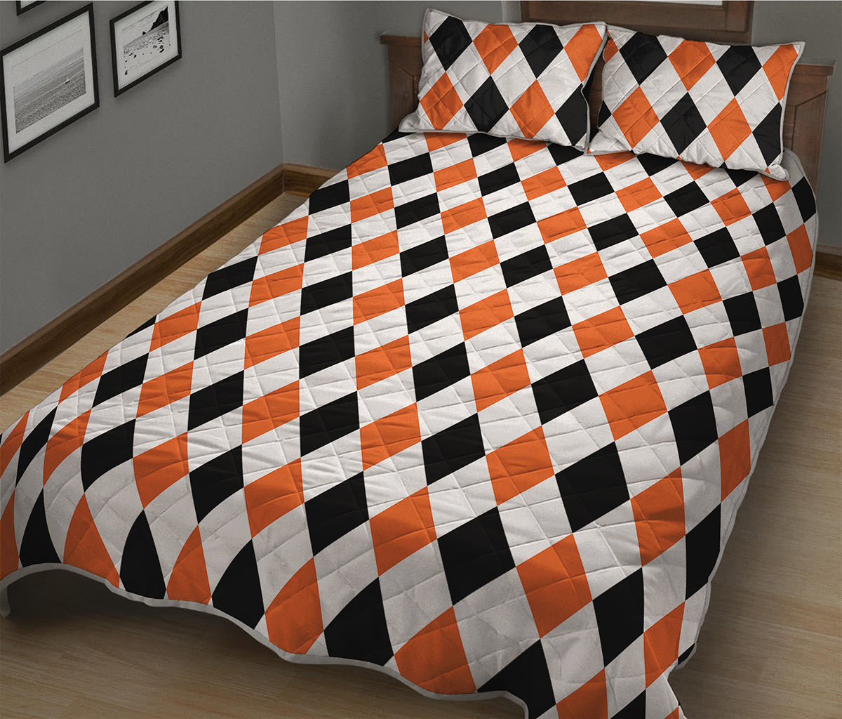 White Black And Orange Harlequin Print Quilt Bed Set