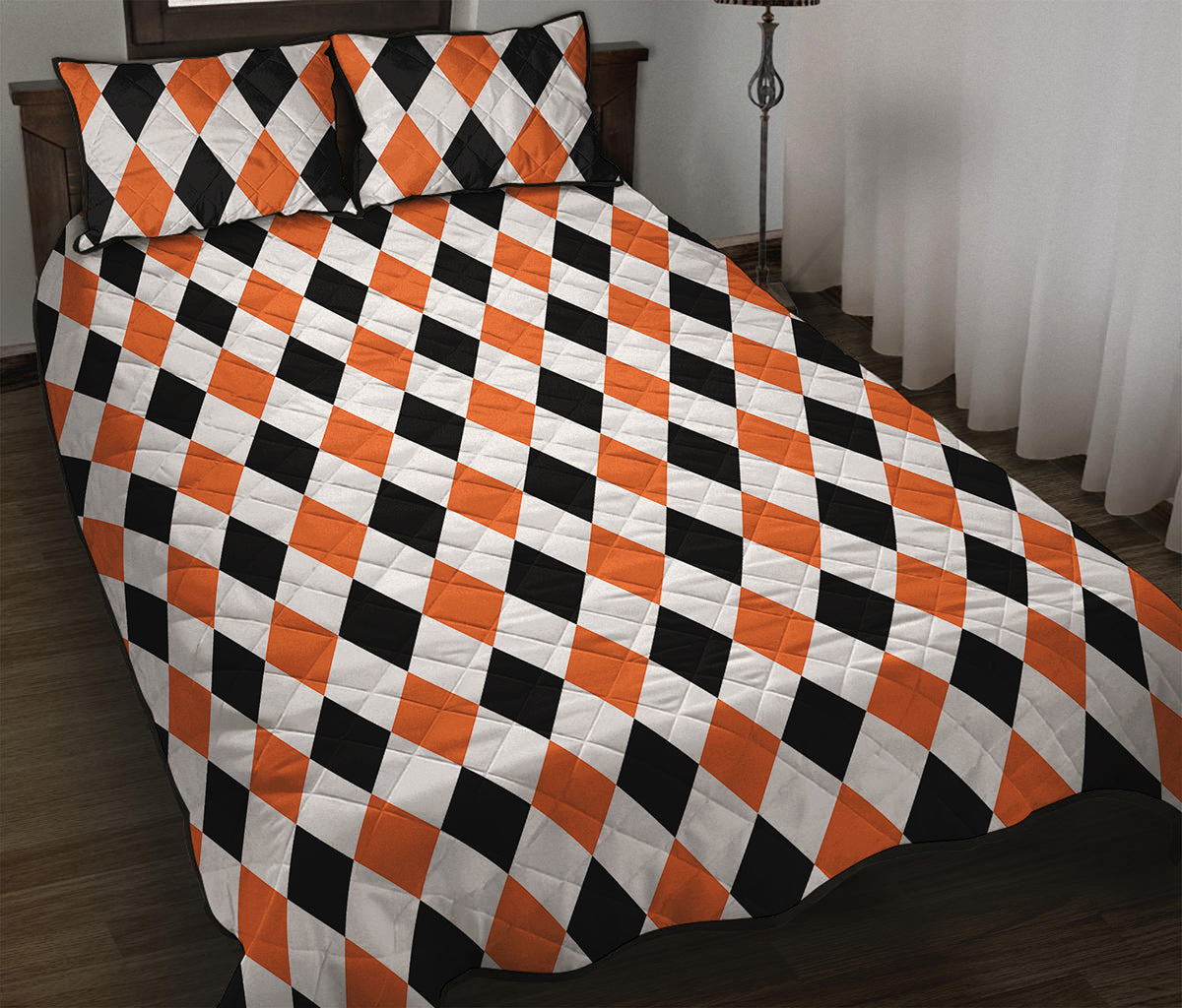 White Black And Orange Harlequin Print Quilt Bed Set