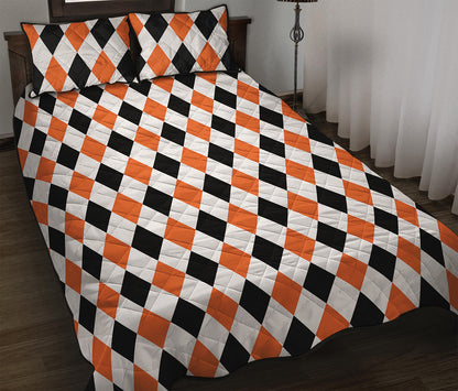 White Black And Orange Harlequin Print Quilt Bed Set