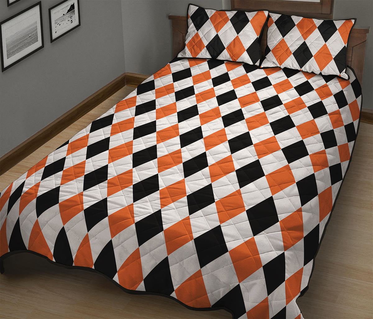 White Black And Orange Harlequin Print Quilt Bed Set
