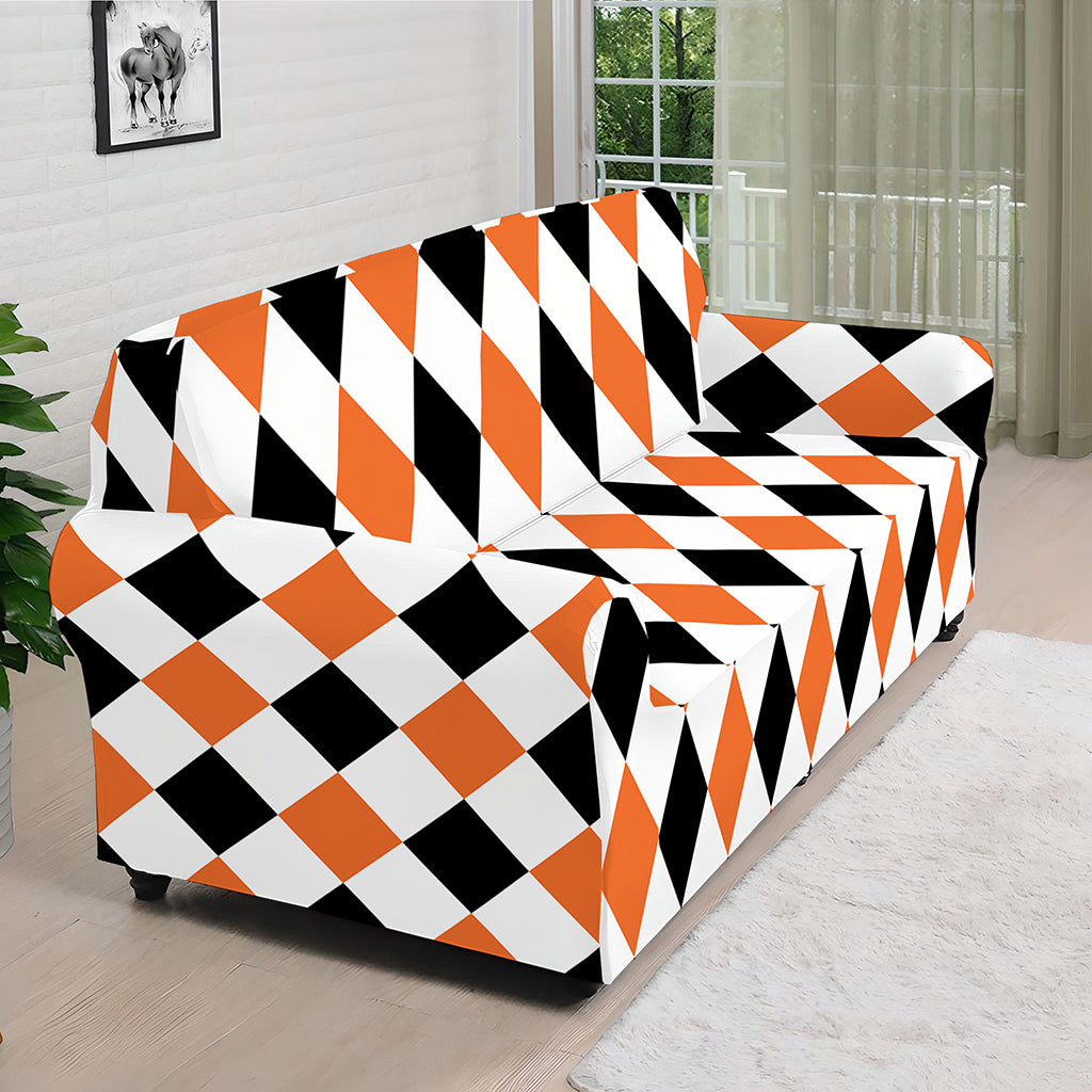 White Black And Orange Harlequin Print Sofa Cover