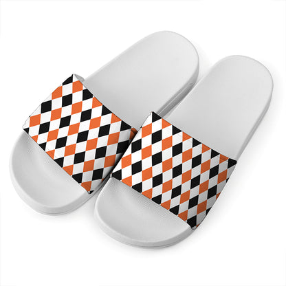 White Black And Orange Harlequin Print White Slide Sandals