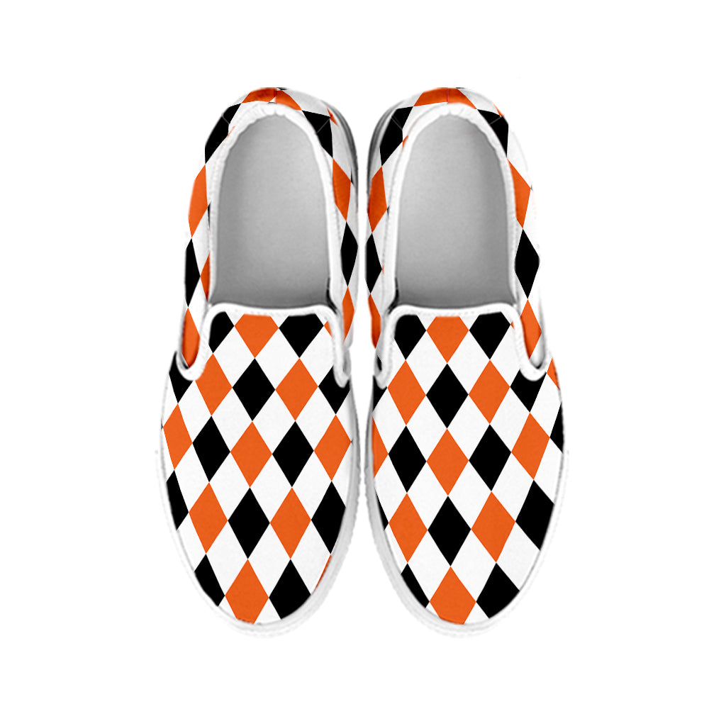 White Black And Orange Harlequin Print White Slip On Shoes