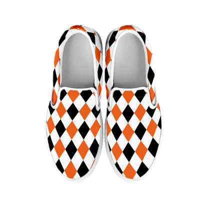 White Black And Orange Harlequin Print White Slip On Shoes