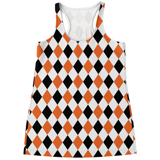 White Black And Orange Harlequin Print Women's Racerback Tank Top