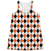 White Black And Orange Harlequin Print Women's Racerback Tank Top