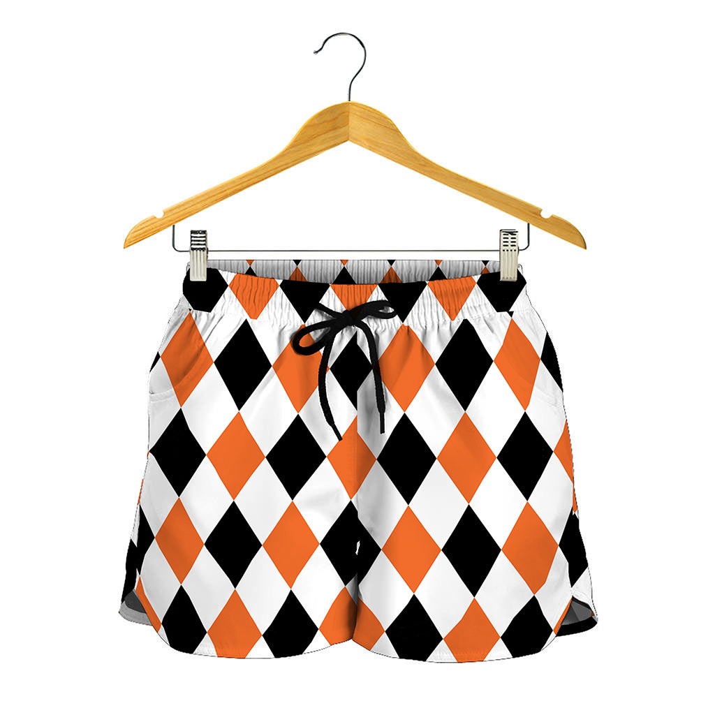 White Black And Orange Harlequin Print Women's Shorts