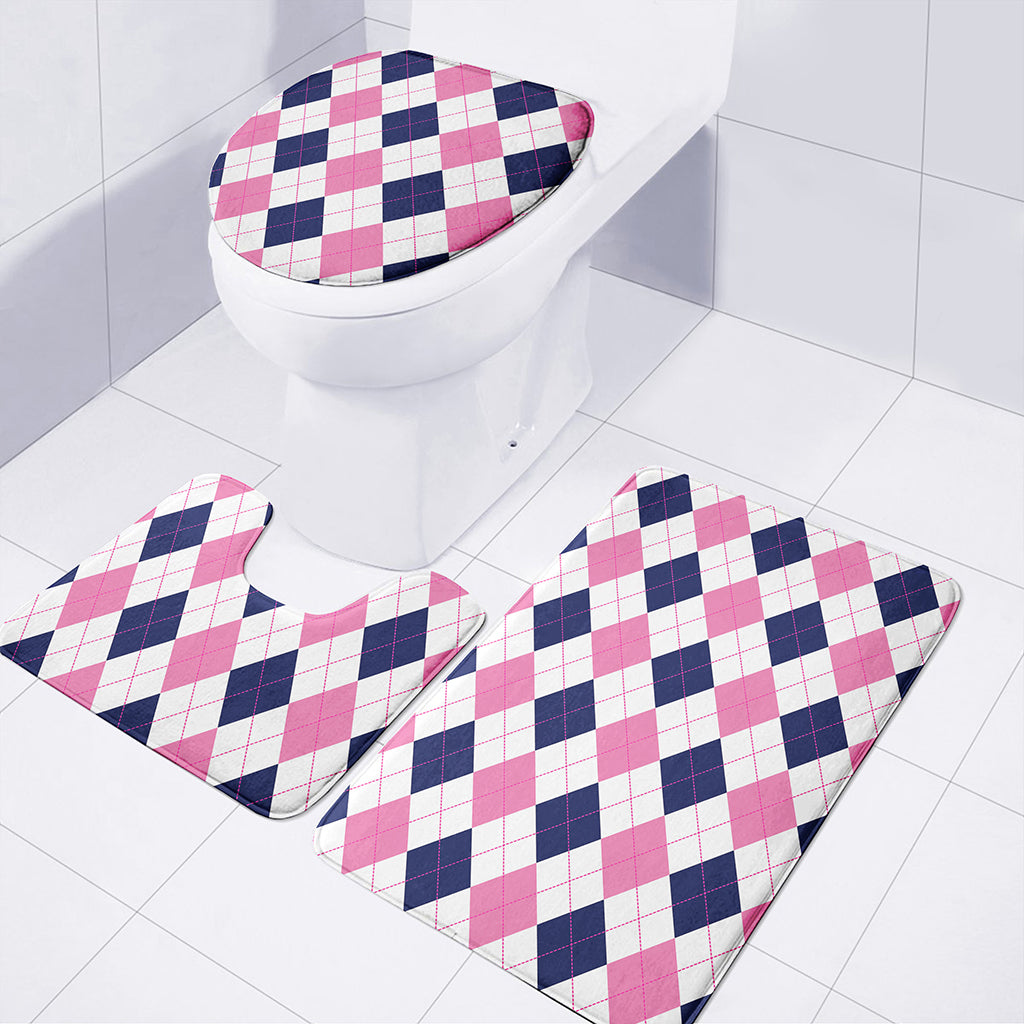 White Blue And Pink Argyle Pattern Print 3 Piece Bath Mat Set