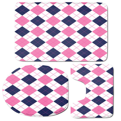 White Blue And Pink Argyle Pattern Print 3 Piece Bath Mat Set