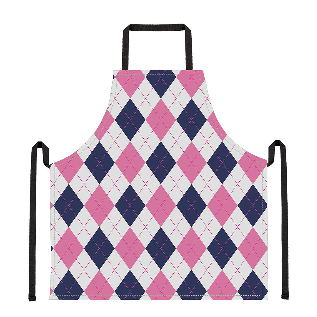 White Blue And Pink Argyle Pattern Print Apron