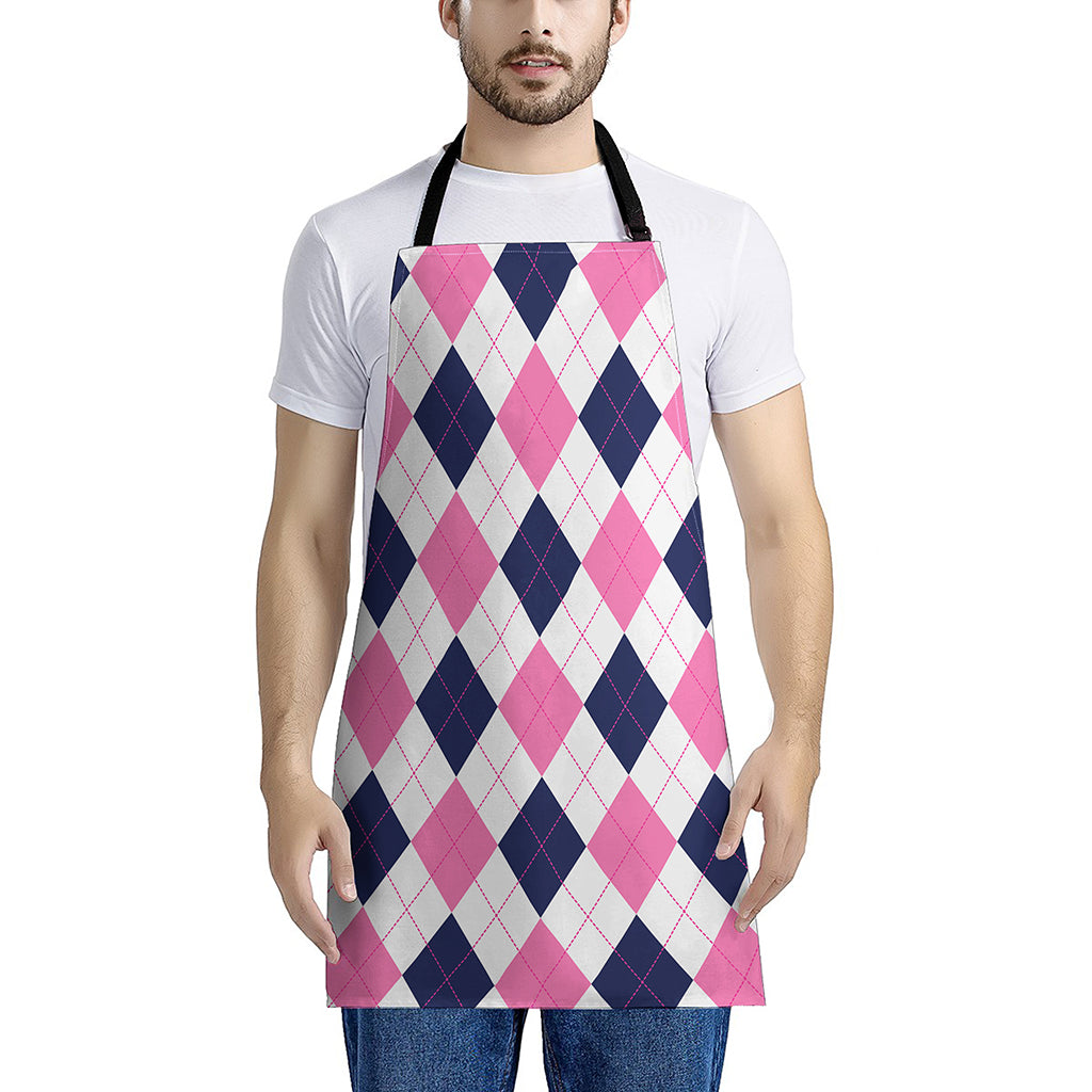 White Blue And Pink Argyle Pattern Print Apron