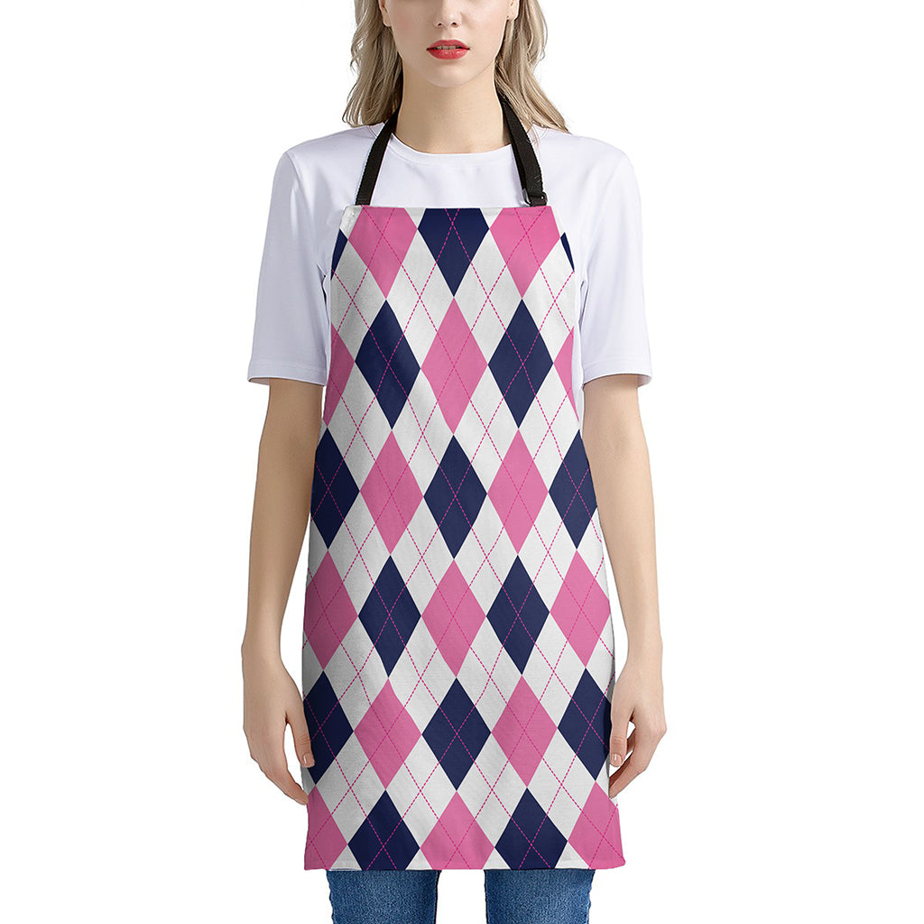 White Blue And Pink Argyle Pattern Print Apron