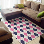 White Blue And Pink Argyle Pattern Print Area Rug