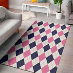 White Blue And Pink Argyle Pattern Print Area Rug