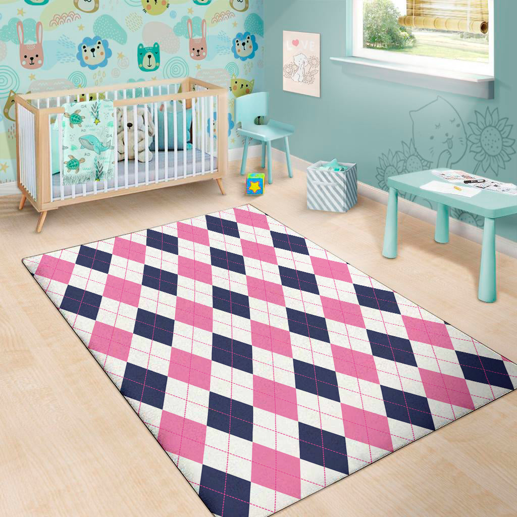 White Blue And Pink Argyle Pattern Print Area Rug