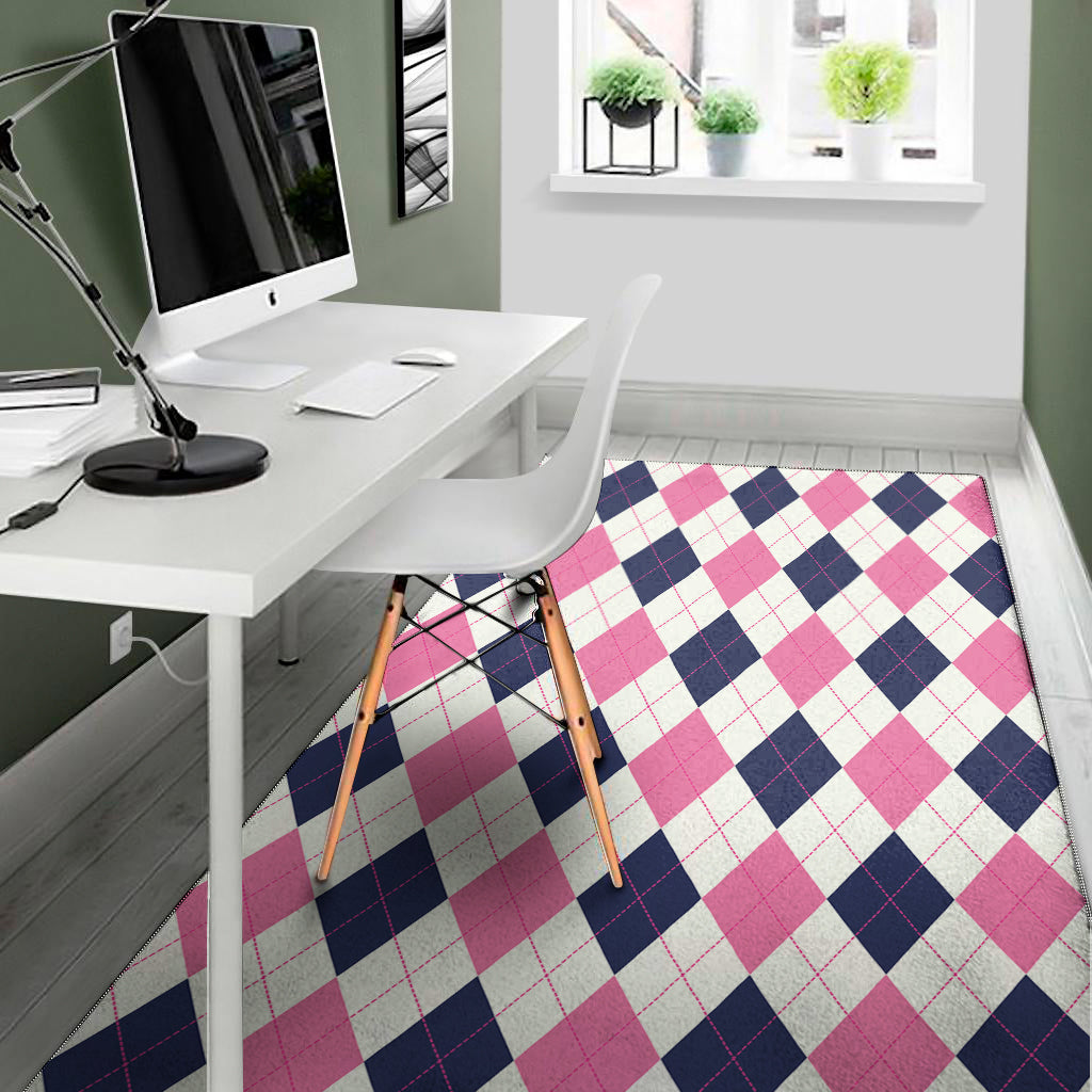 White Blue And Pink Argyle Pattern Print Area Rug