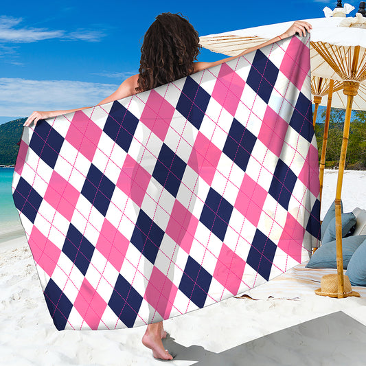 White Blue And Pink Argyle Pattern Print Beach Sarong Wrap