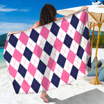 White Blue And Pink Argyle Pattern Print Beach Sarong Wrap