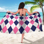 White Blue And Pink Argyle Pattern Print Beach Sarong Wrap