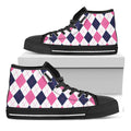 White Blue And Pink Argyle Pattern Print Black High Top Sneakers