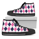 White Blue And Pink Argyle Pattern Print Black High Top Shoes