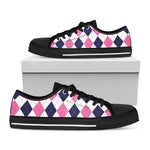 White Blue And Pink Argyle Pattern Print Black Low Top Shoes