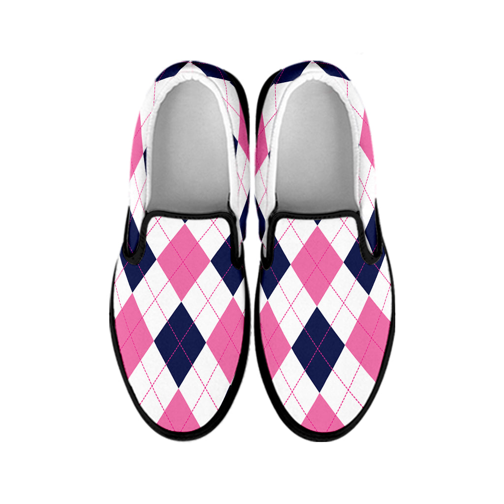 White Blue And Pink Argyle Pattern Print Black Slip On Shoes