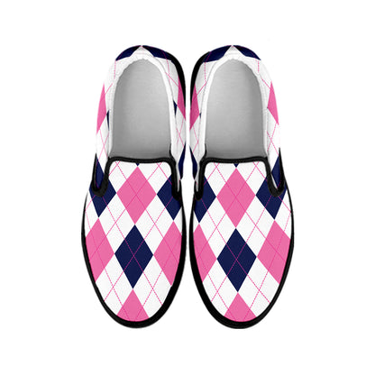 White Blue And Pink Argyle Pattern Print Black Slip On Shoes